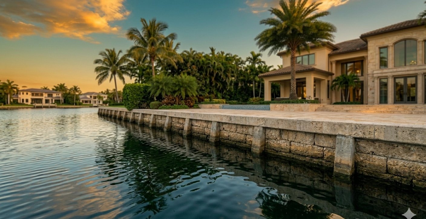 South Florida seawall protection — limestone seawall with palm trees and canal at golden hour