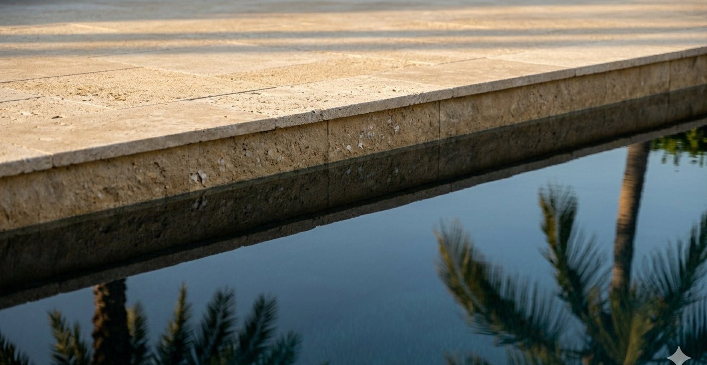 Miami seawall cap close-up showing surface condition and waterline reflection