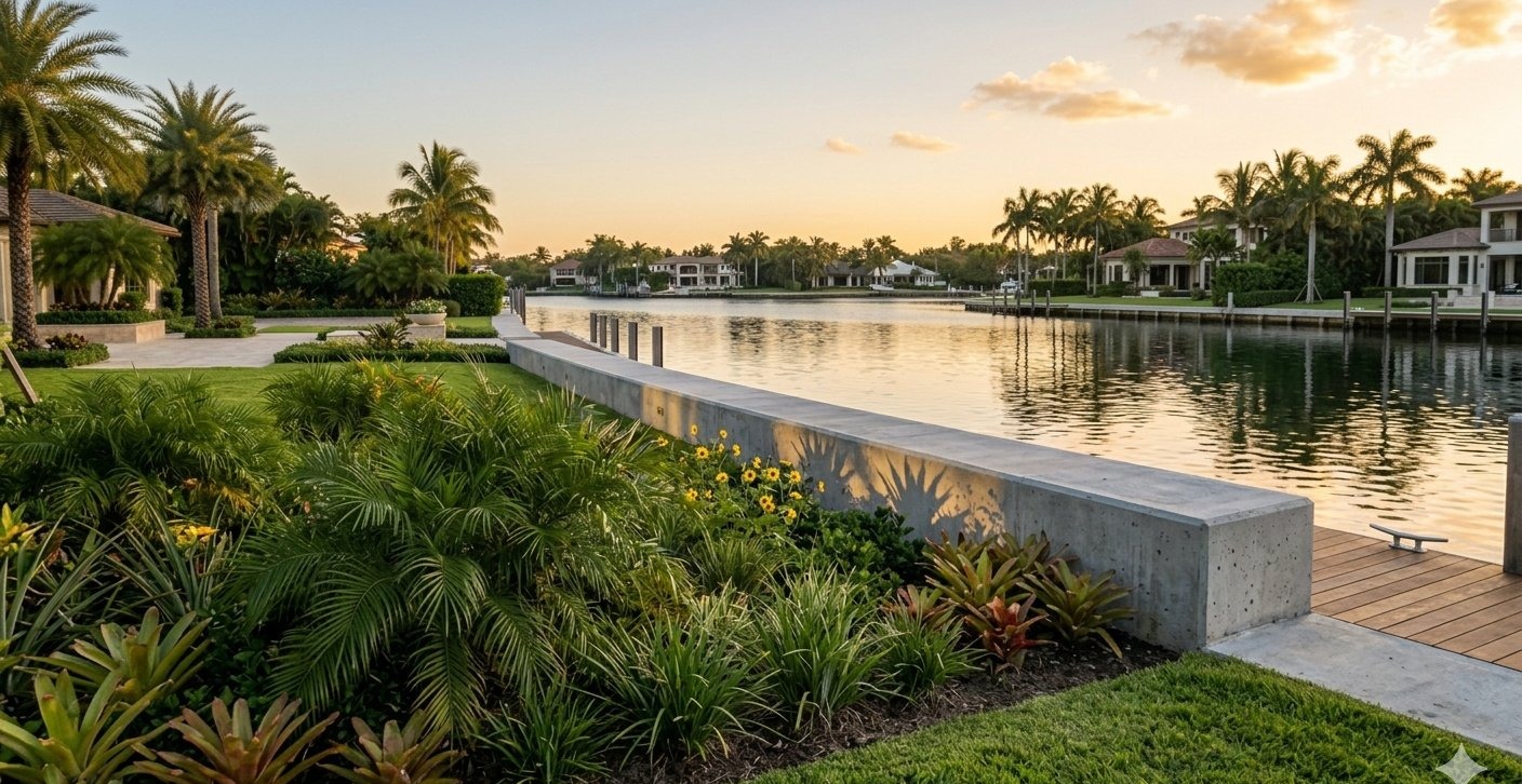 South Florida living shoreline with native coastal planting, riparian buffer and canal