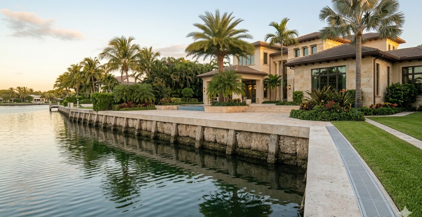 South Florida luxury estate seawall with drainage and storm-runoff management system