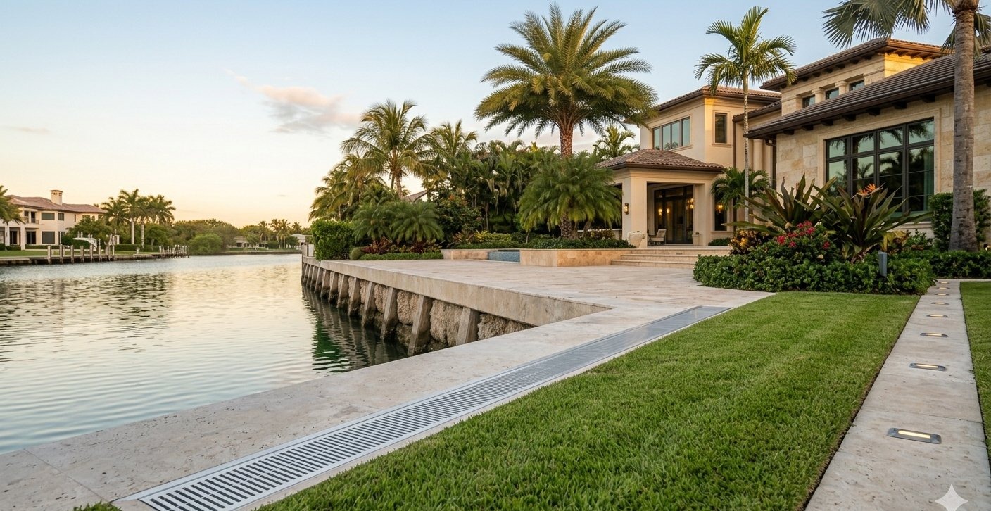 South Florida luxury estate showing drainage detail, lawn grading and seawall with canal