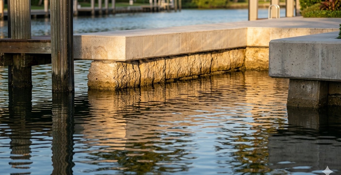 Miami seawall base and waterline showing structural condition for inspection