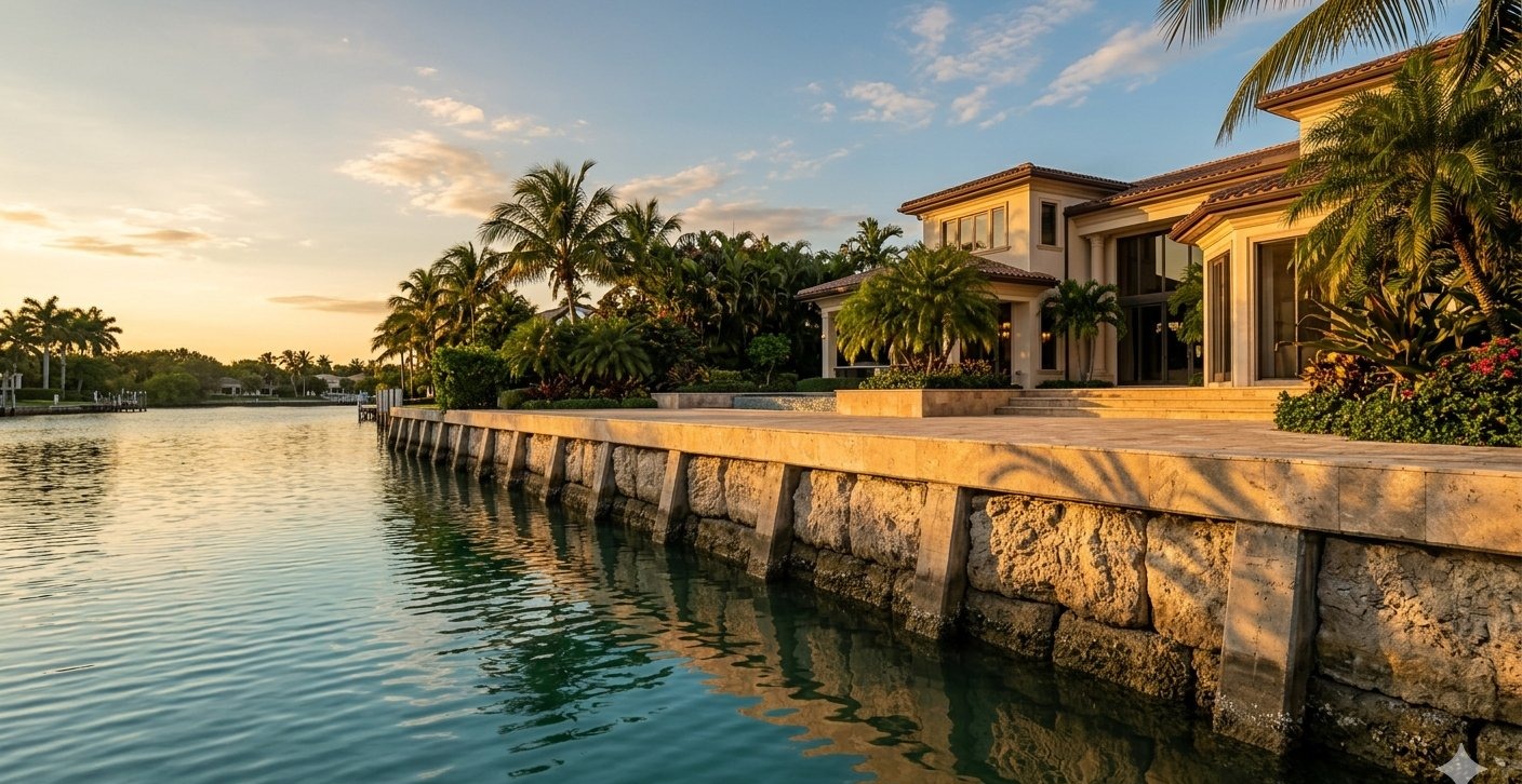 Coral Gables waterfront estate seawall drainage planning at golden hour
