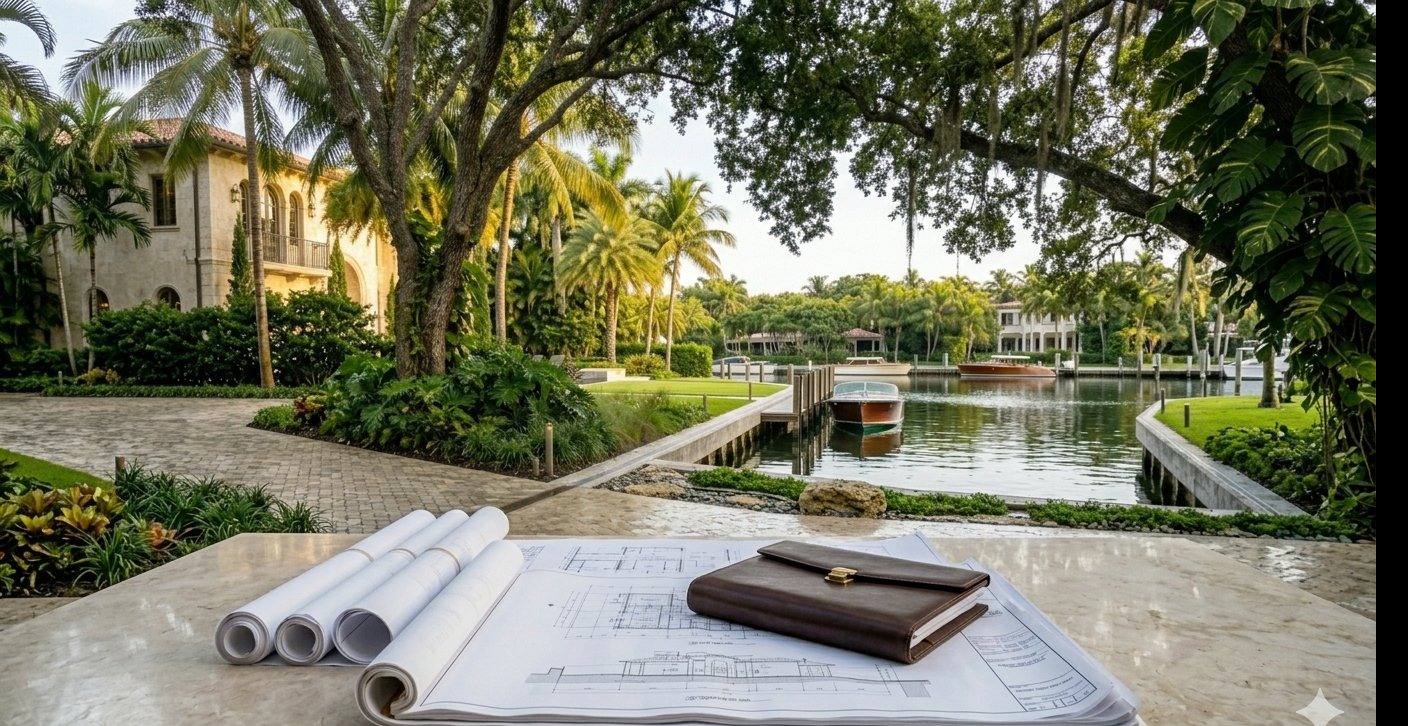 South Florida waterfront estate with architectural blueprints and permit planning documents on limestone terrace overlooking canal