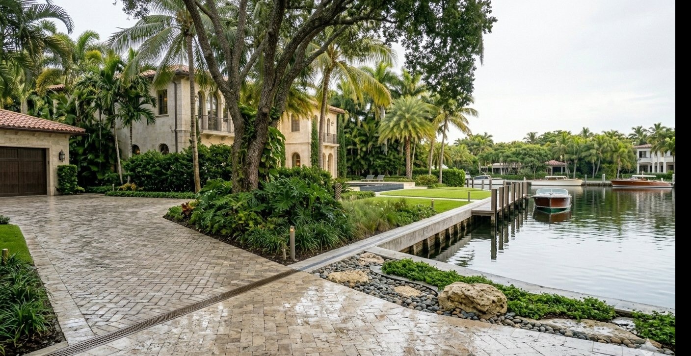 Coconut Grove living shoreline riparian buffer with dock, native planting and canal