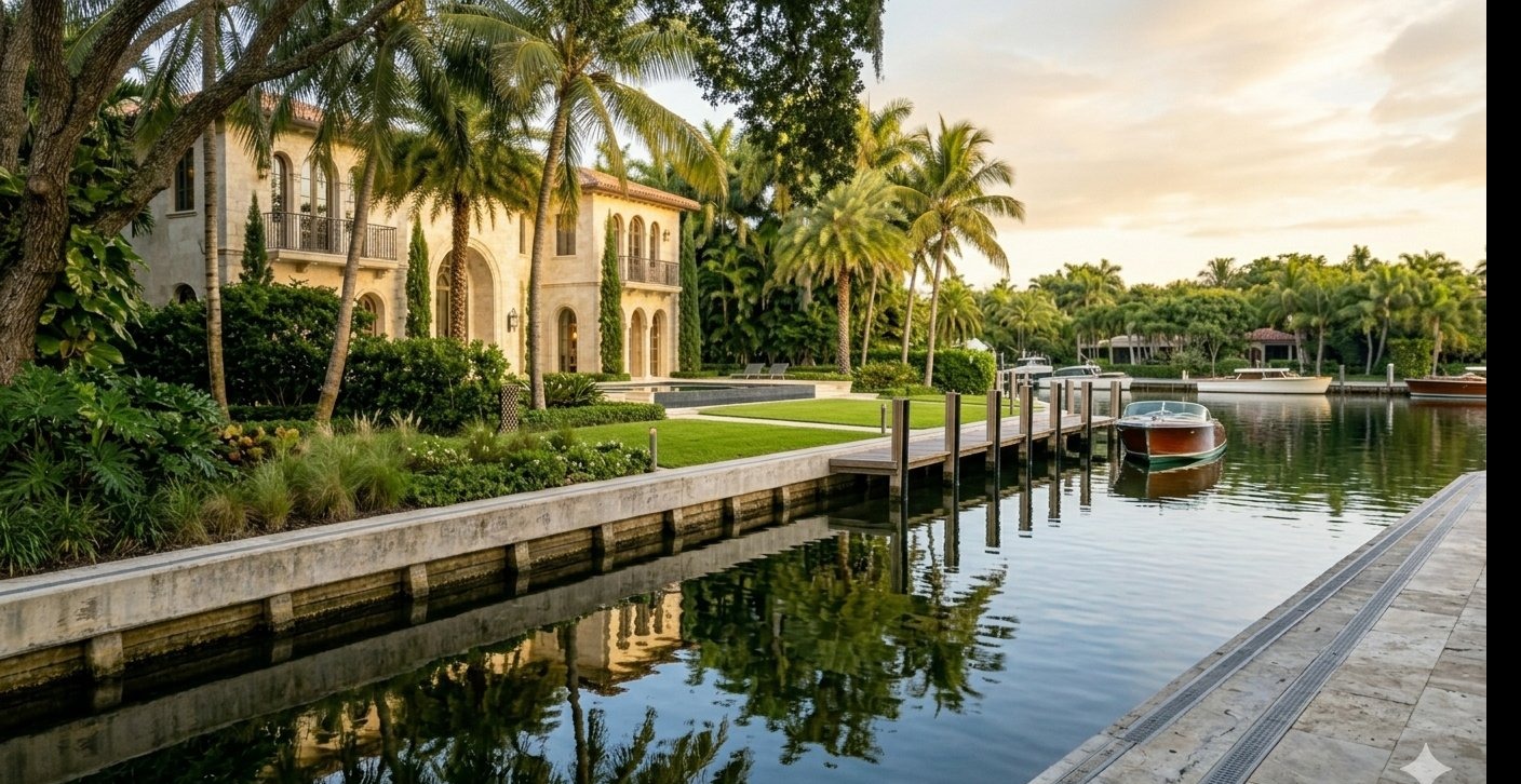 Coconut Grove waterfront estate with Mediterranean architecture, canal, dock and boat
