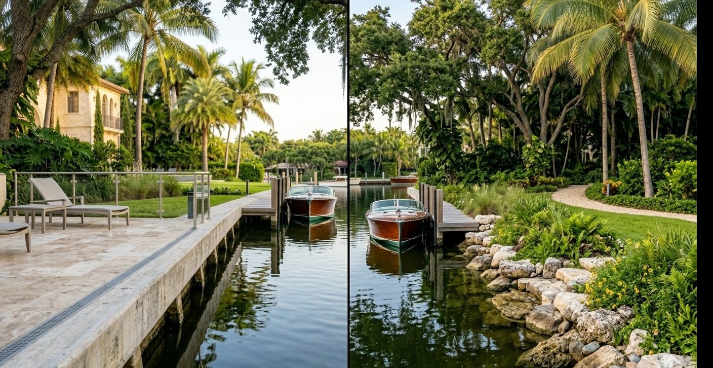 South Florida seawall versus living shoreline comparison — hardened and natural protection side by side