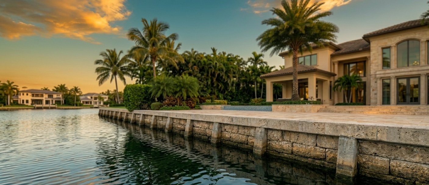 South Miami waterfront estate seawall protection at sunset
