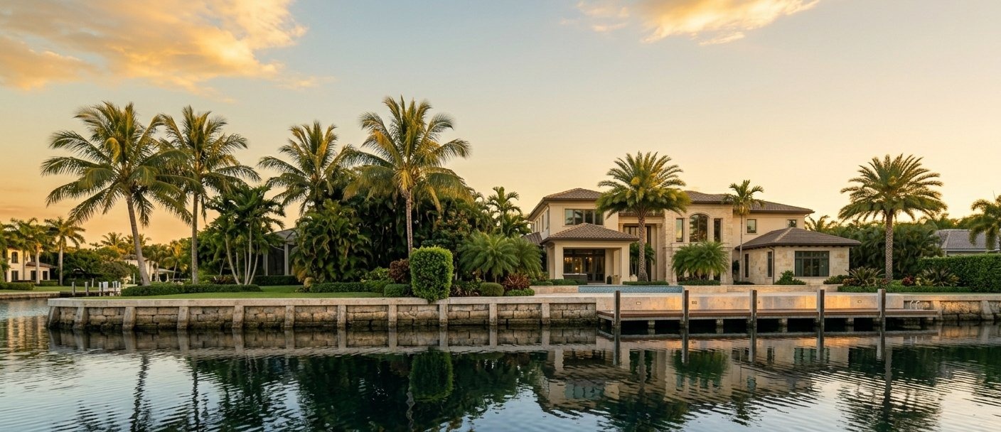 South Florida canal waterfront estate at high tide showing seawall and dock elevation