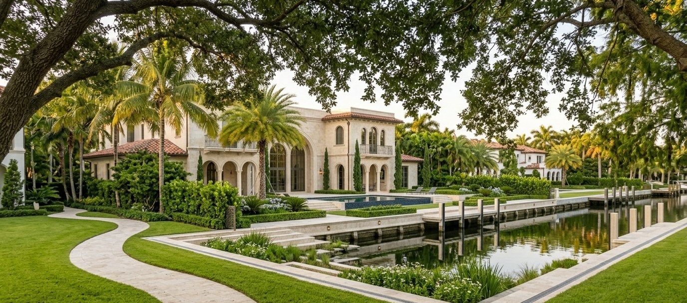 Coral Gables waterfront estate with Mediterranean architecture, garden and dock