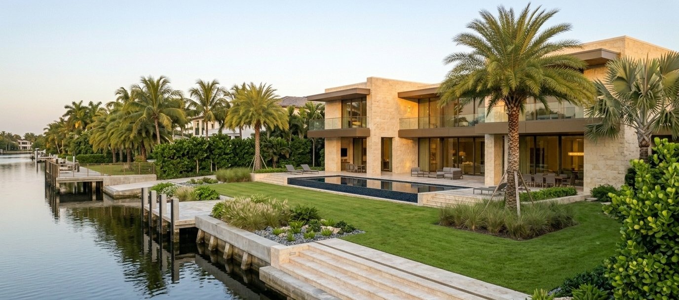 Pinecrest luxury waterfront estate with modern architecture, riparian buffer and dock