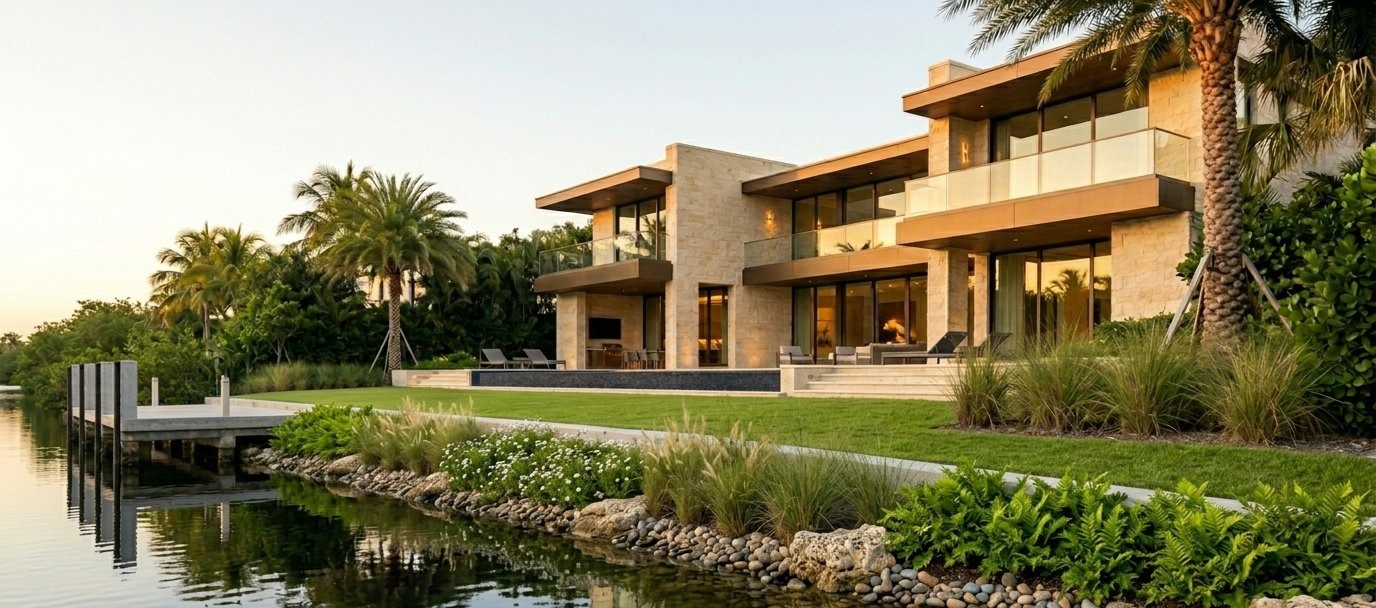 Pinecrest modern estate with riparian buffer living shoreline rock edge and canal