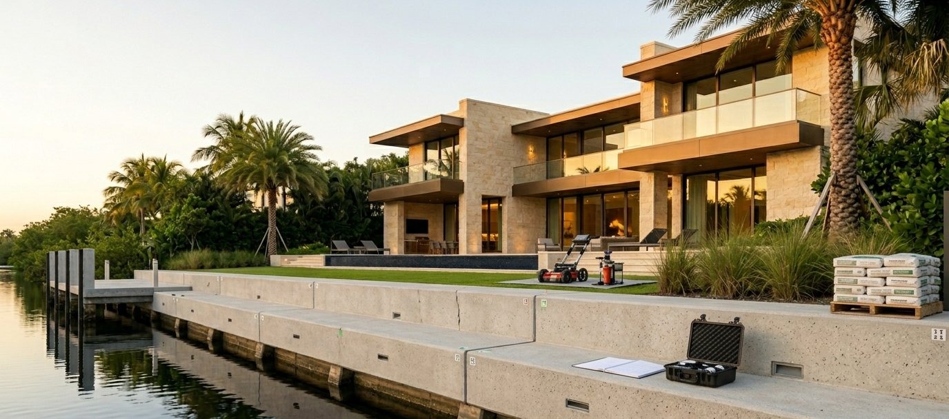 Professional seawall inspection with assessment tools at luxury South Florida waterfront estate