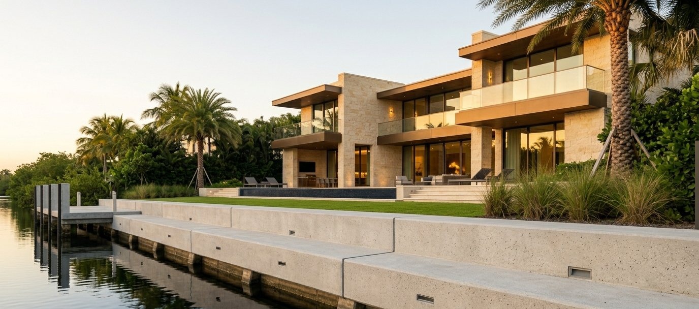 Cutler Bay waterfront seawall cap elevation and protection for modern estate