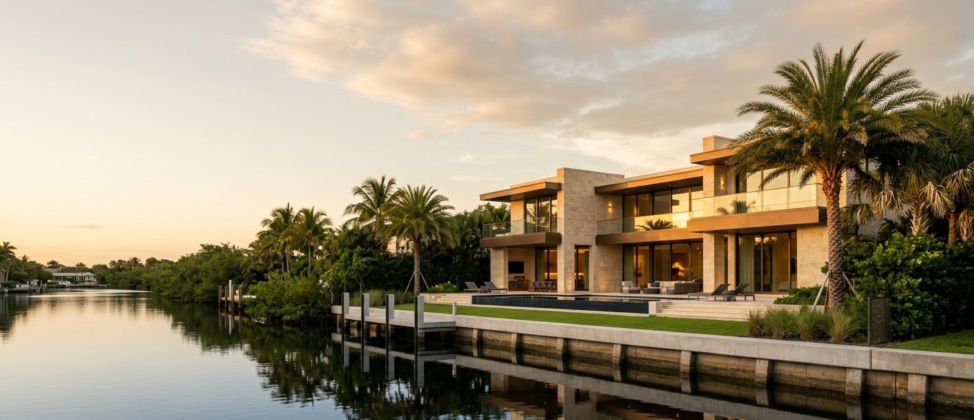 Cutler Bay canal waterfront estate seawall protection at sunset