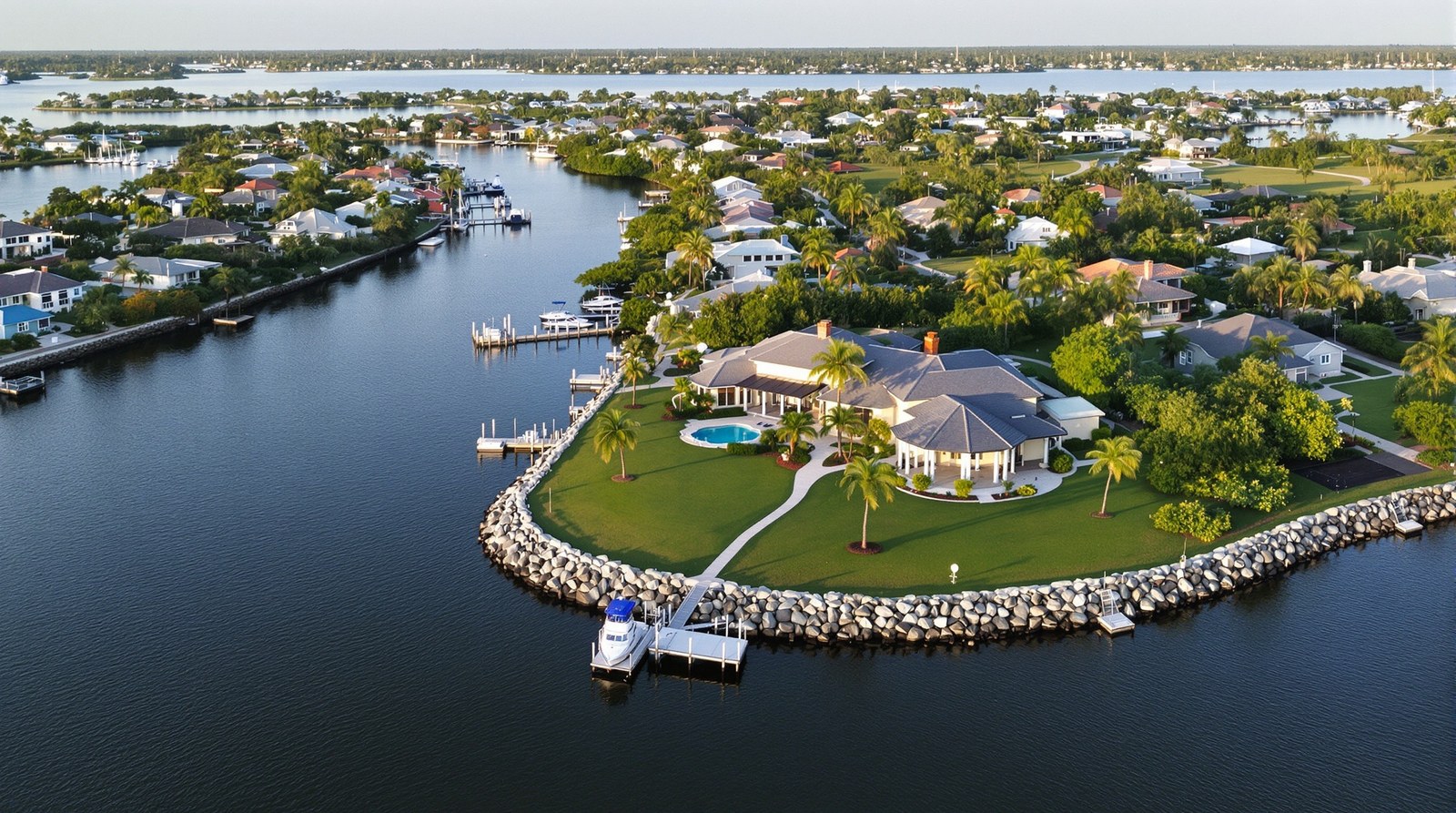 Aerial view of South Florida canal waterfront neighborhood with seawalls, docks, and riprap shoreline protection
