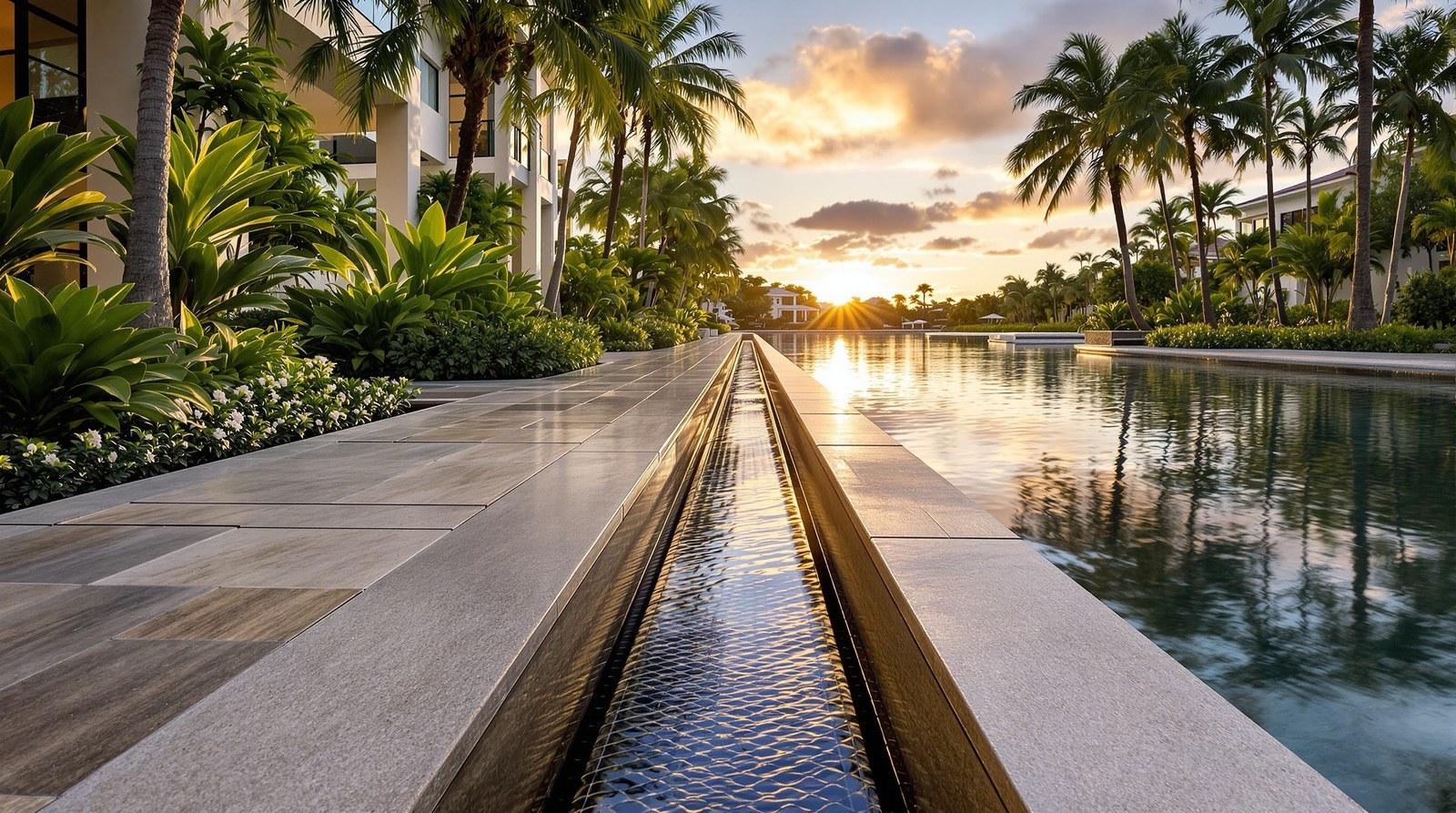Luxury South Florida waterfront estate with elegant linear drain channel running through limestone patio toward canal at sunset
