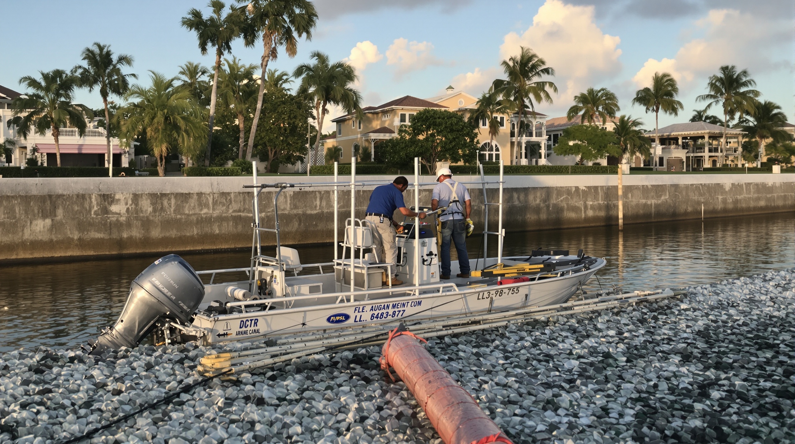 Marine contractor inspecting seawall from work boat — South Florida seawall repair