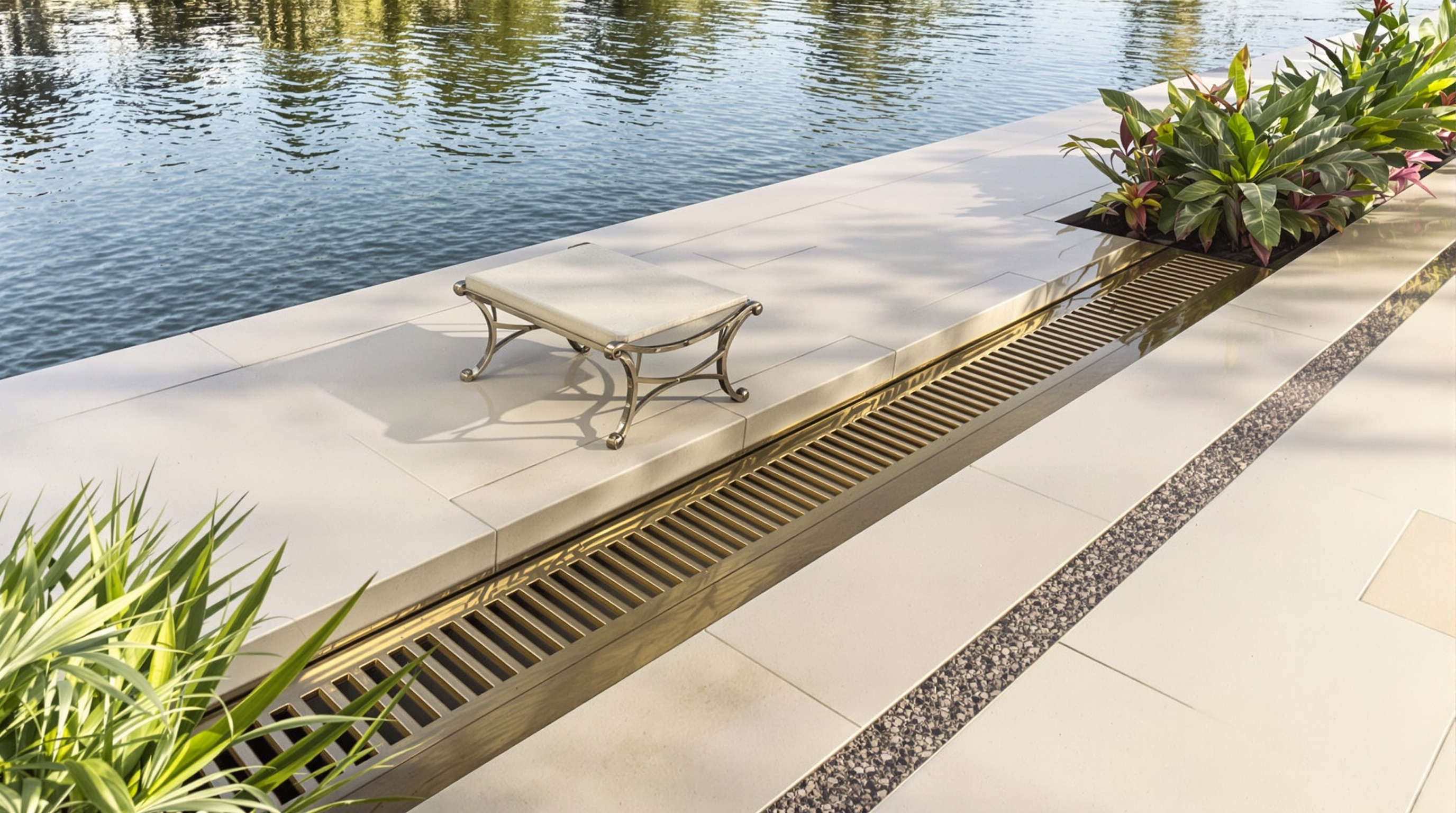 Bronze linear slot drain installed in limestone waterfront patio — storm runoff management
