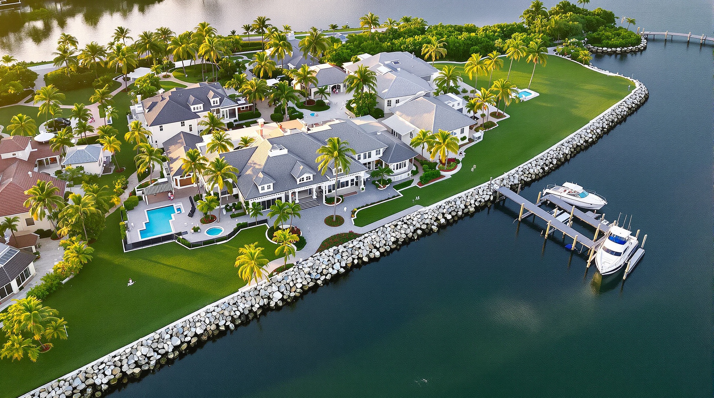 Aerial drone view of canal-front estate — waterfront property assessment South Florida
