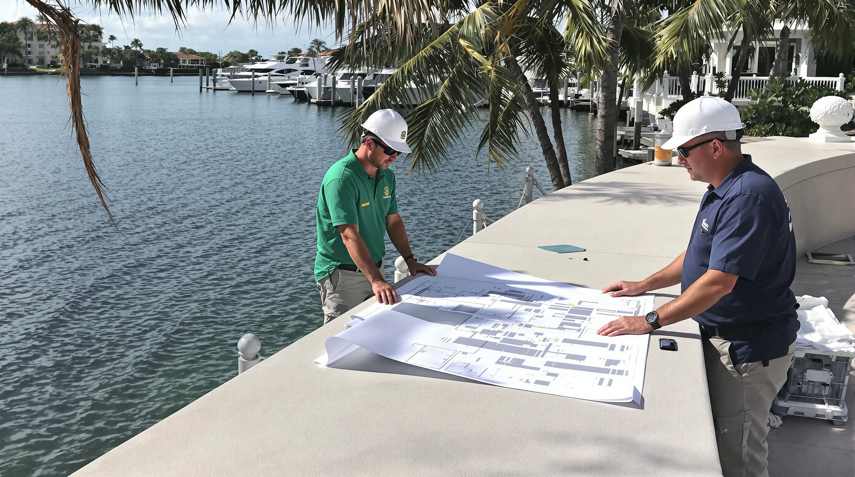 South Miami Waterfront Protection team reviewing blueprints on seawall cap — licensed marine contractors