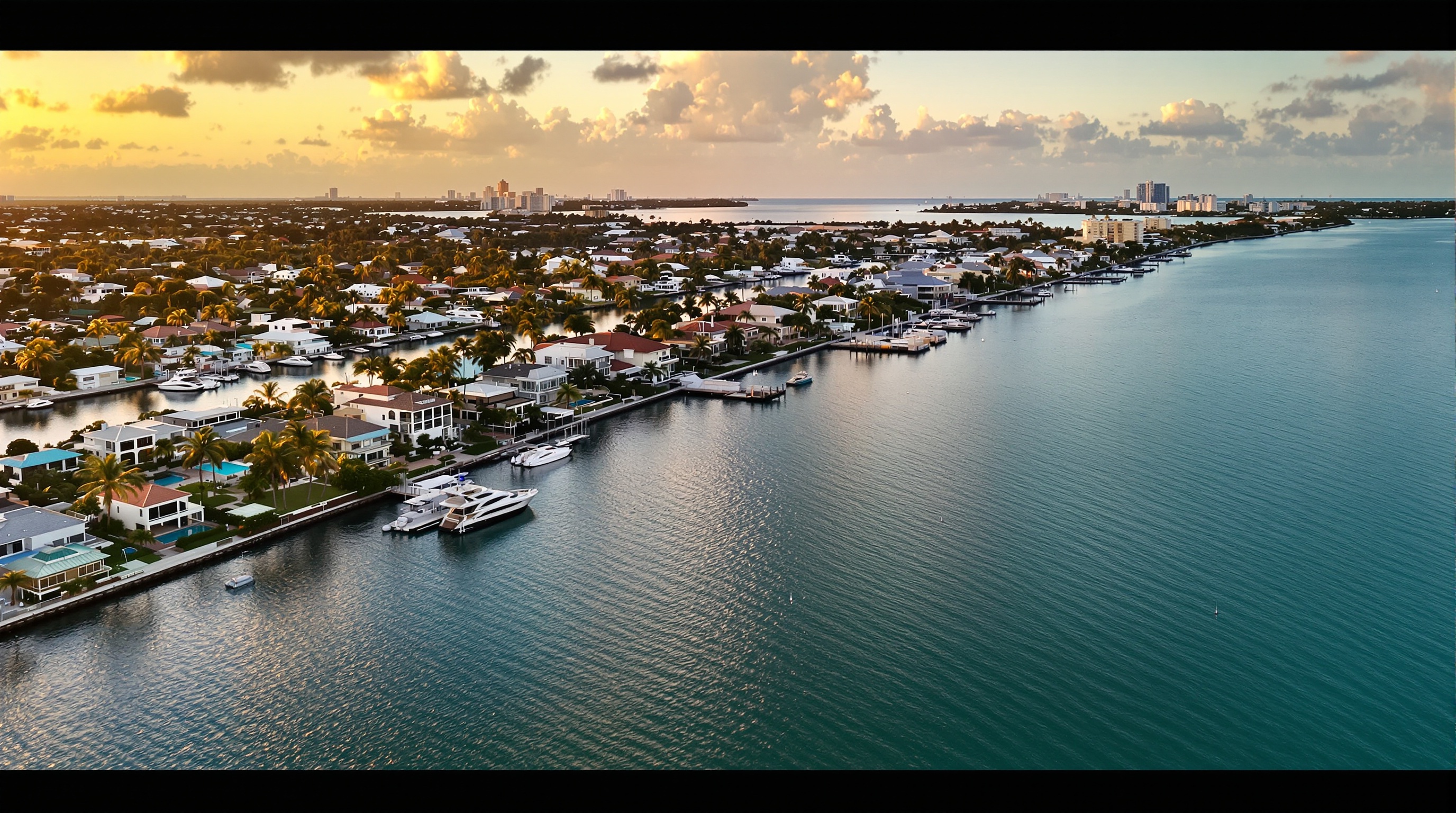 Aerial view of South Florida waterfront neighborhood along Biscayne Bay — canal homes with seawalls and docks